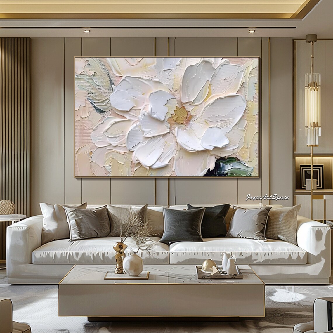 White Flower Close Up Soft Cream Pink 3D Impasto Floral Wall Art - Image 4