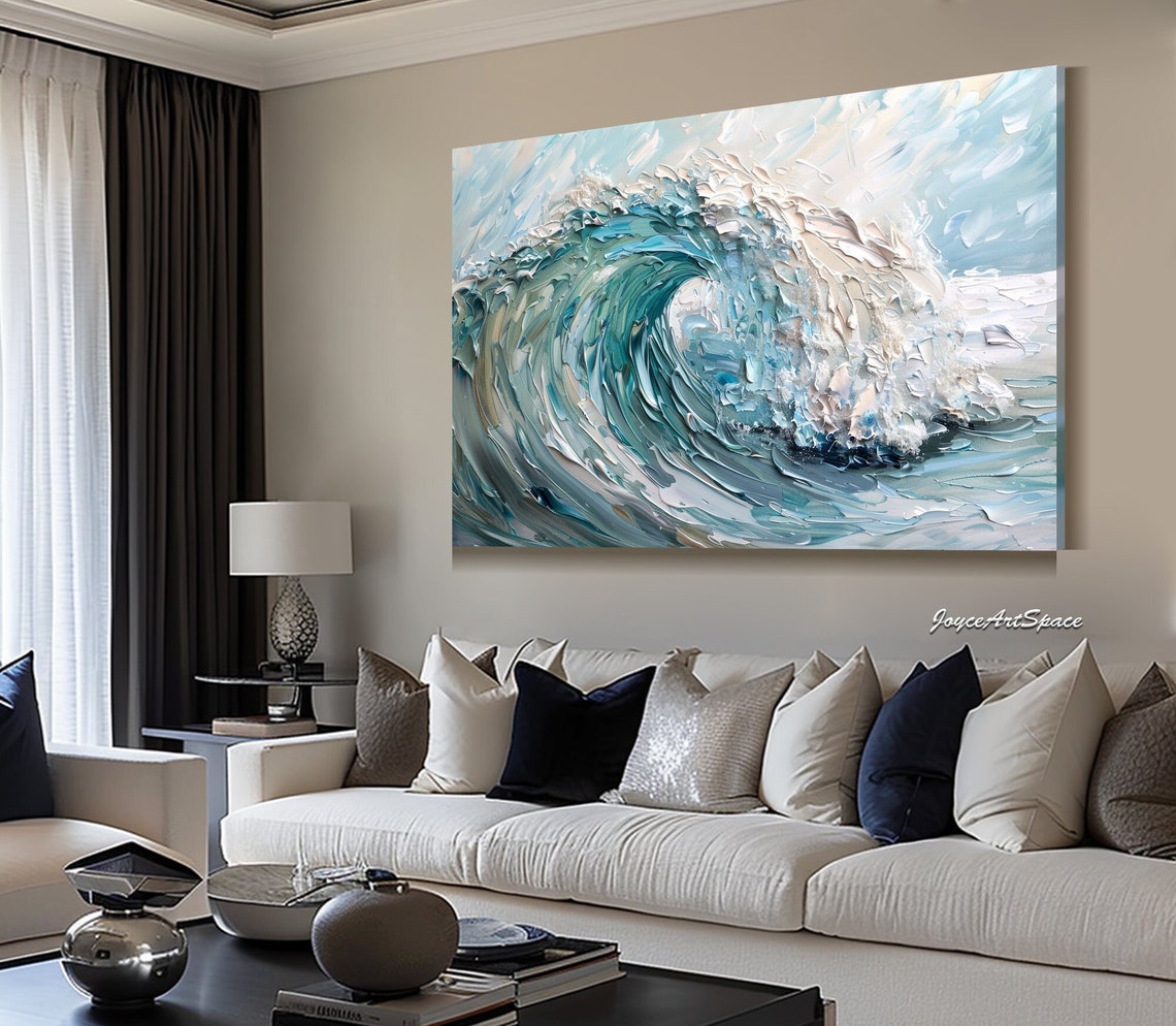 Teal Ocean Wave Curl Impasto Texture Oil Painting Coastal Wall Art - Image 5