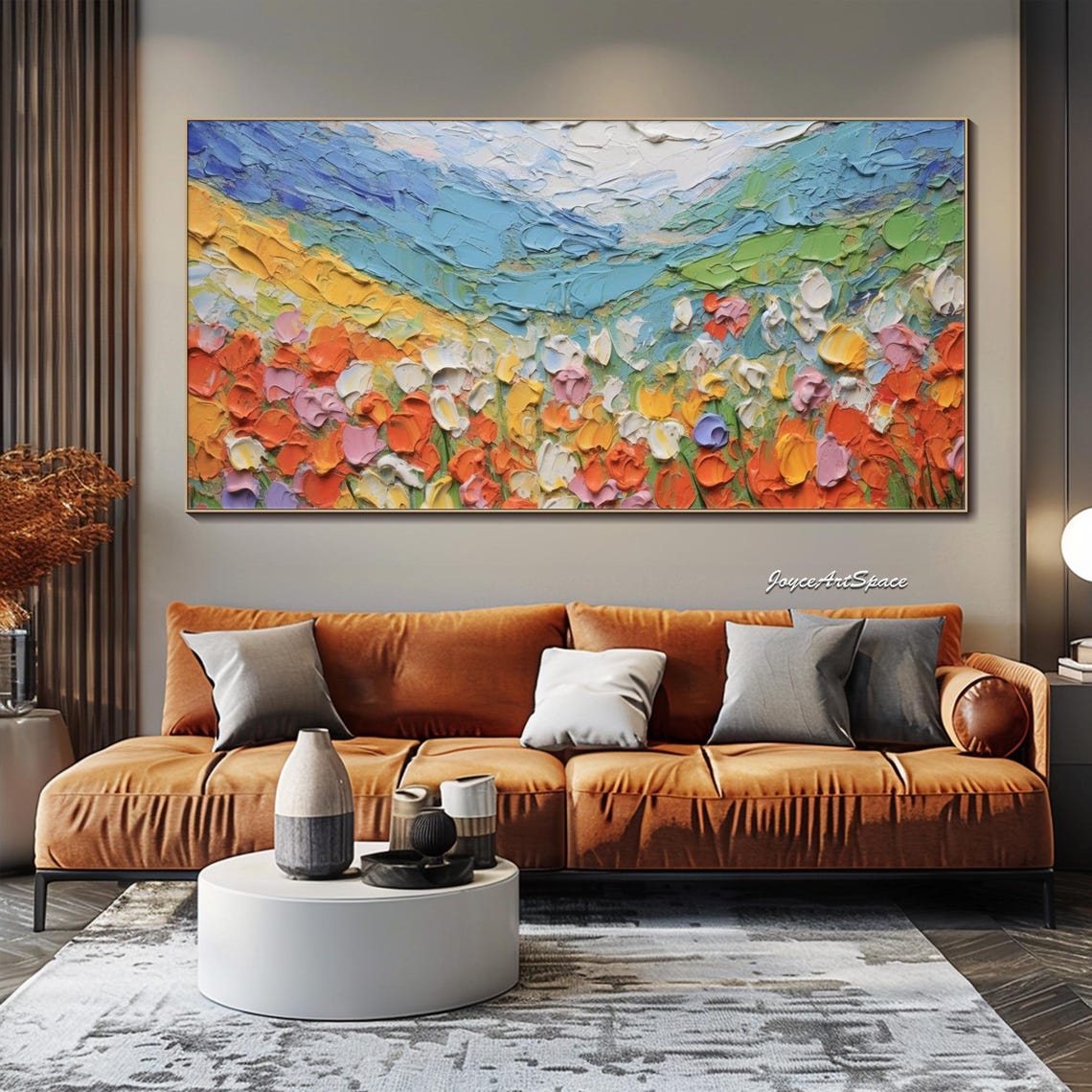 Colorful Wildflower Meadow Blue Sky 3D Impasto Landscape Wall Art - Image 5