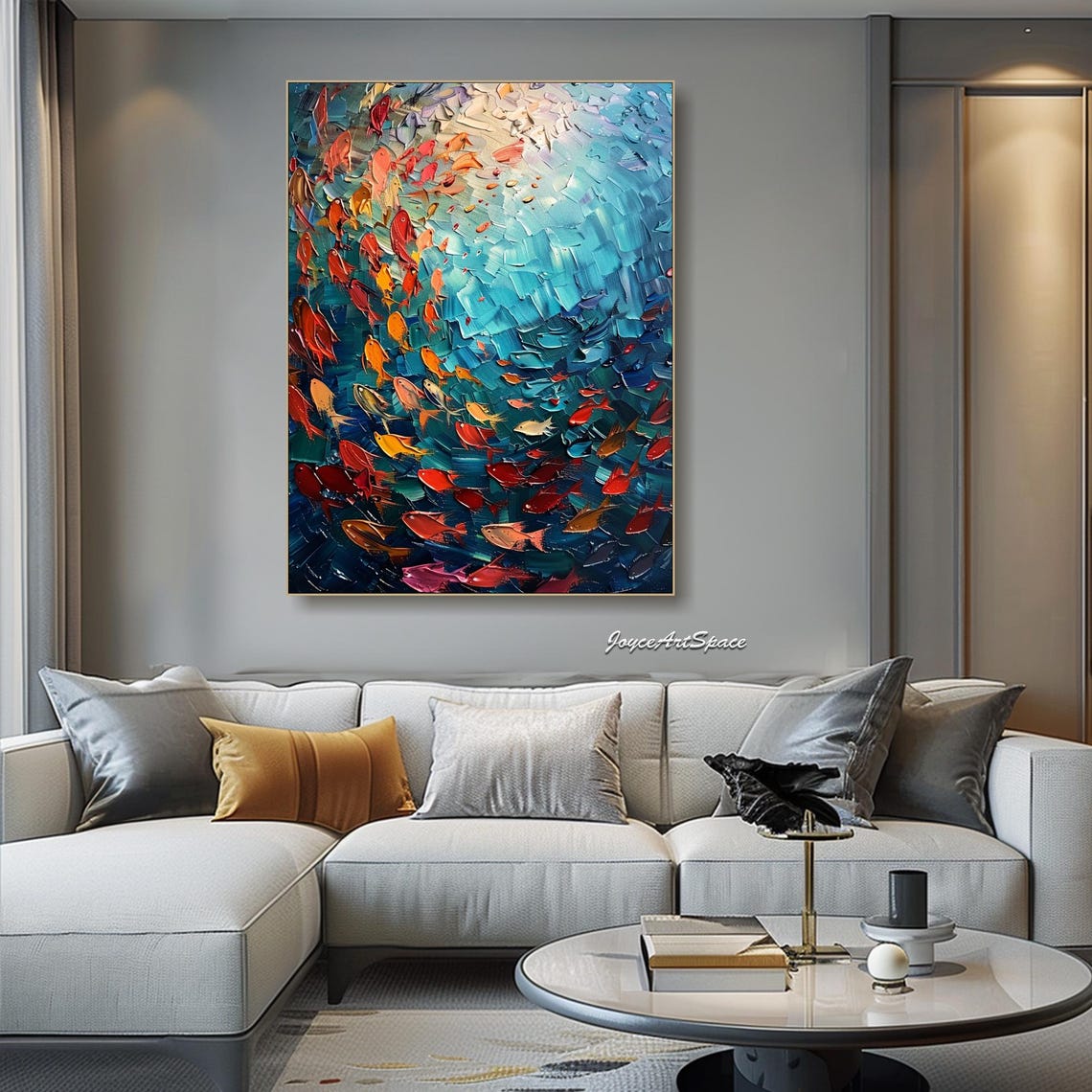 Red Fish School Underwater Textured 3D Ocean Oil Painting Poster - Image 2