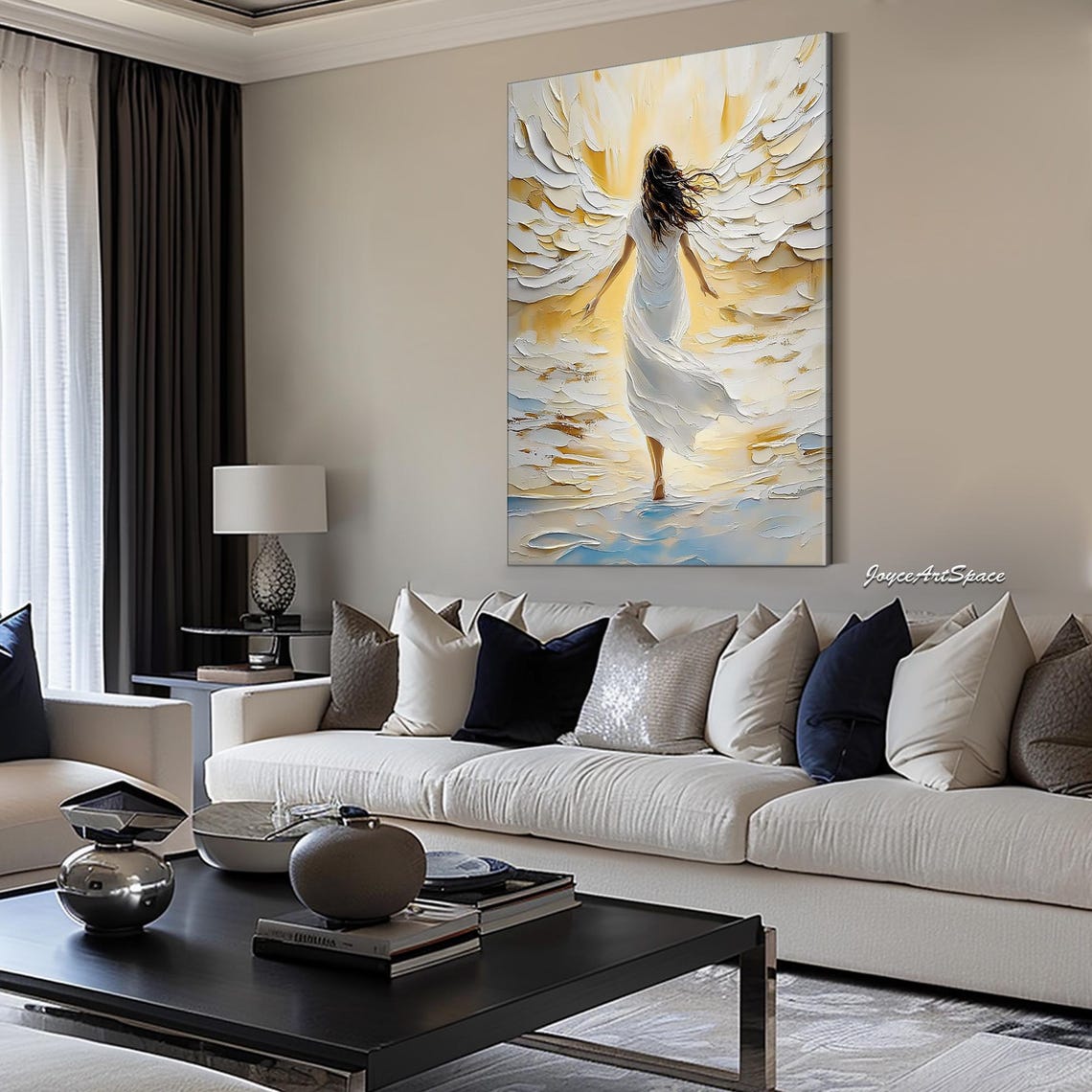 White Winged Angel Woman Golden Heavenly Light 3D Impasto Poster - Image 4
