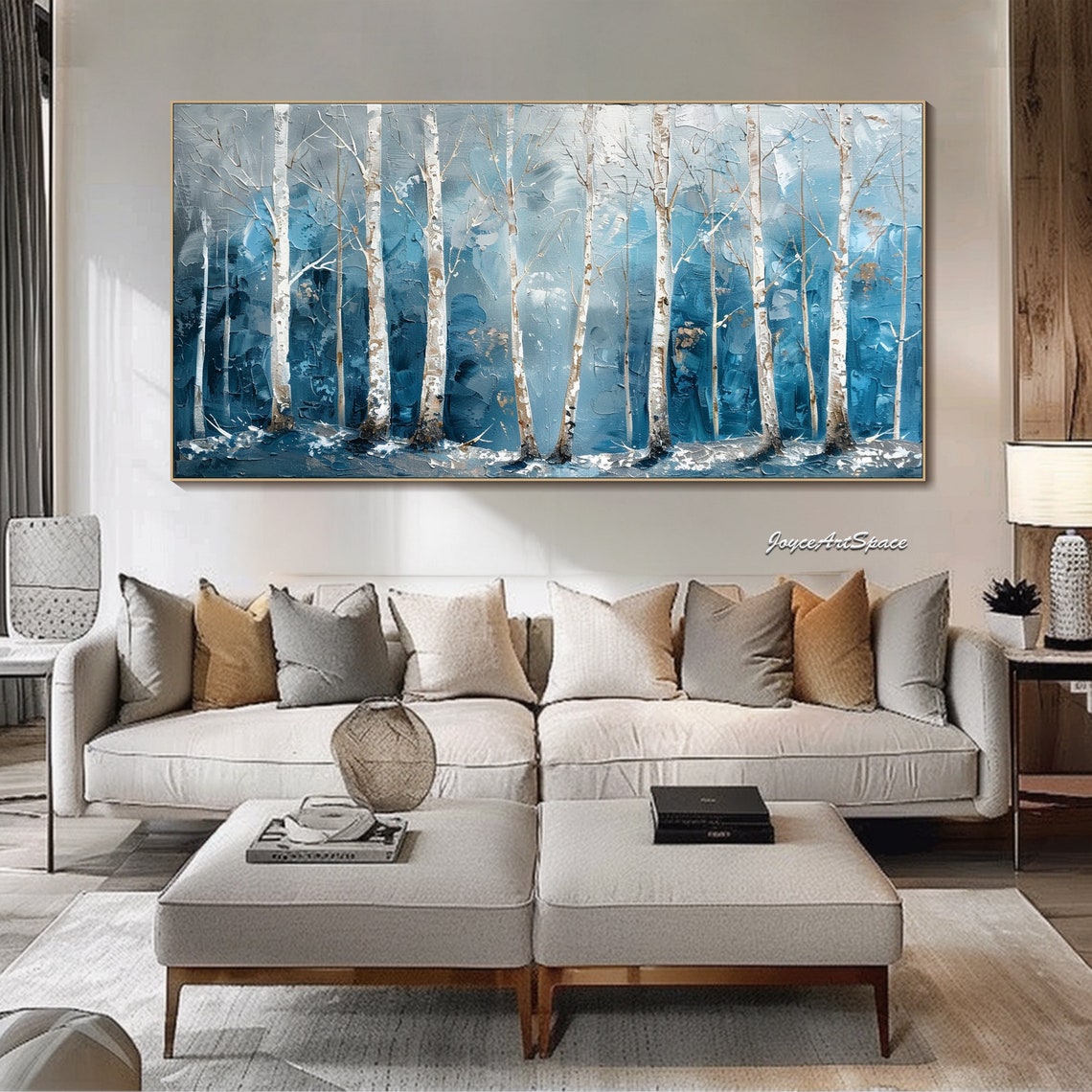 White Birch Trees Teal Textured 3D Forest Oil Painting Poster - Image 4