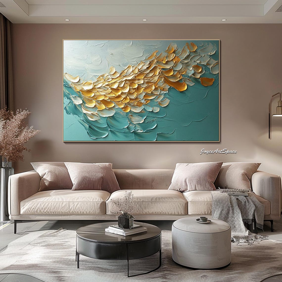 Gold White Feathers Teal Abstract 3D Textured Impasto Wall Art - Image 4