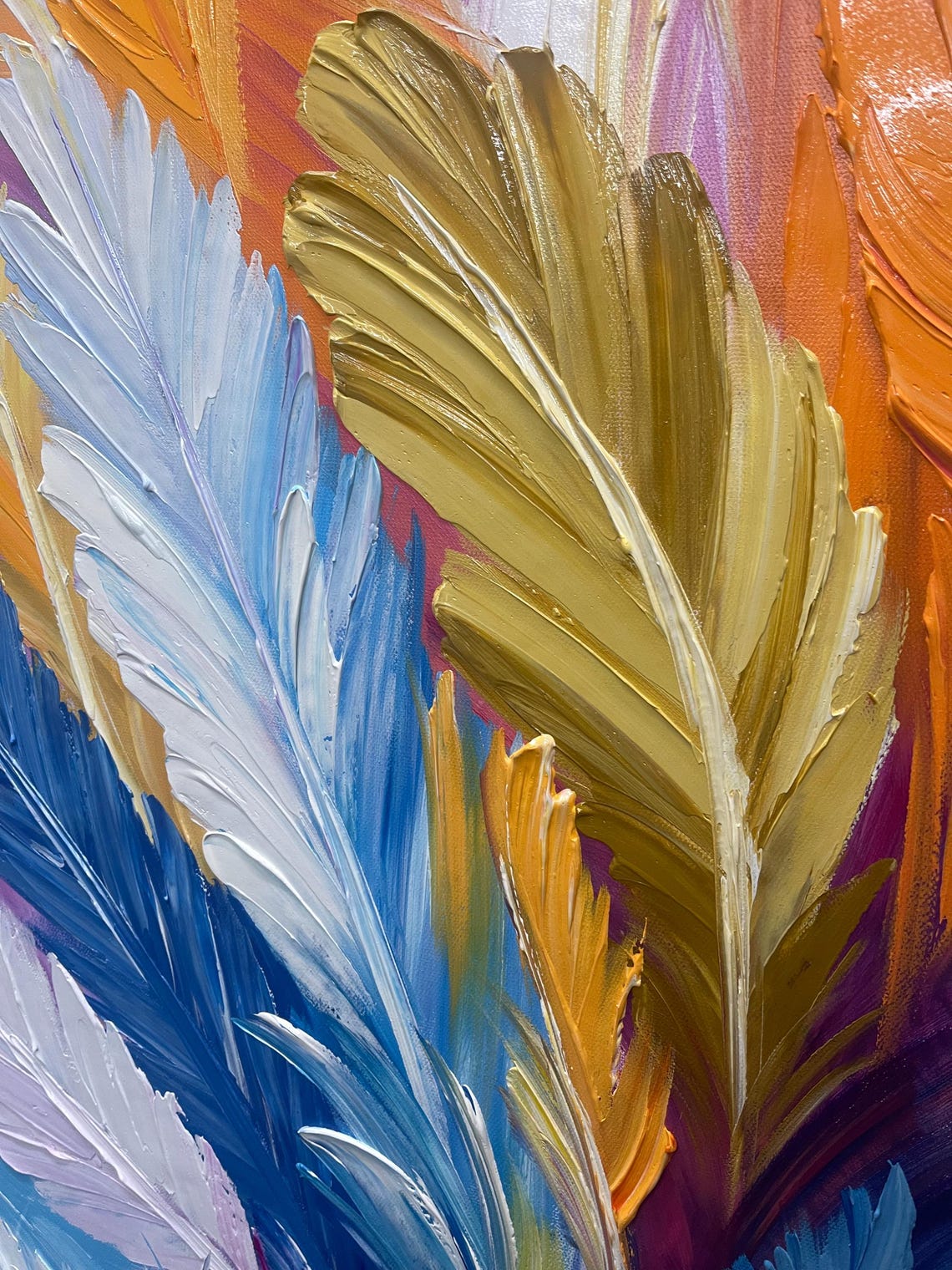 Colorful Feathers Teal Purple Orange 3D Impasto Abstract Wall Art - Image 4