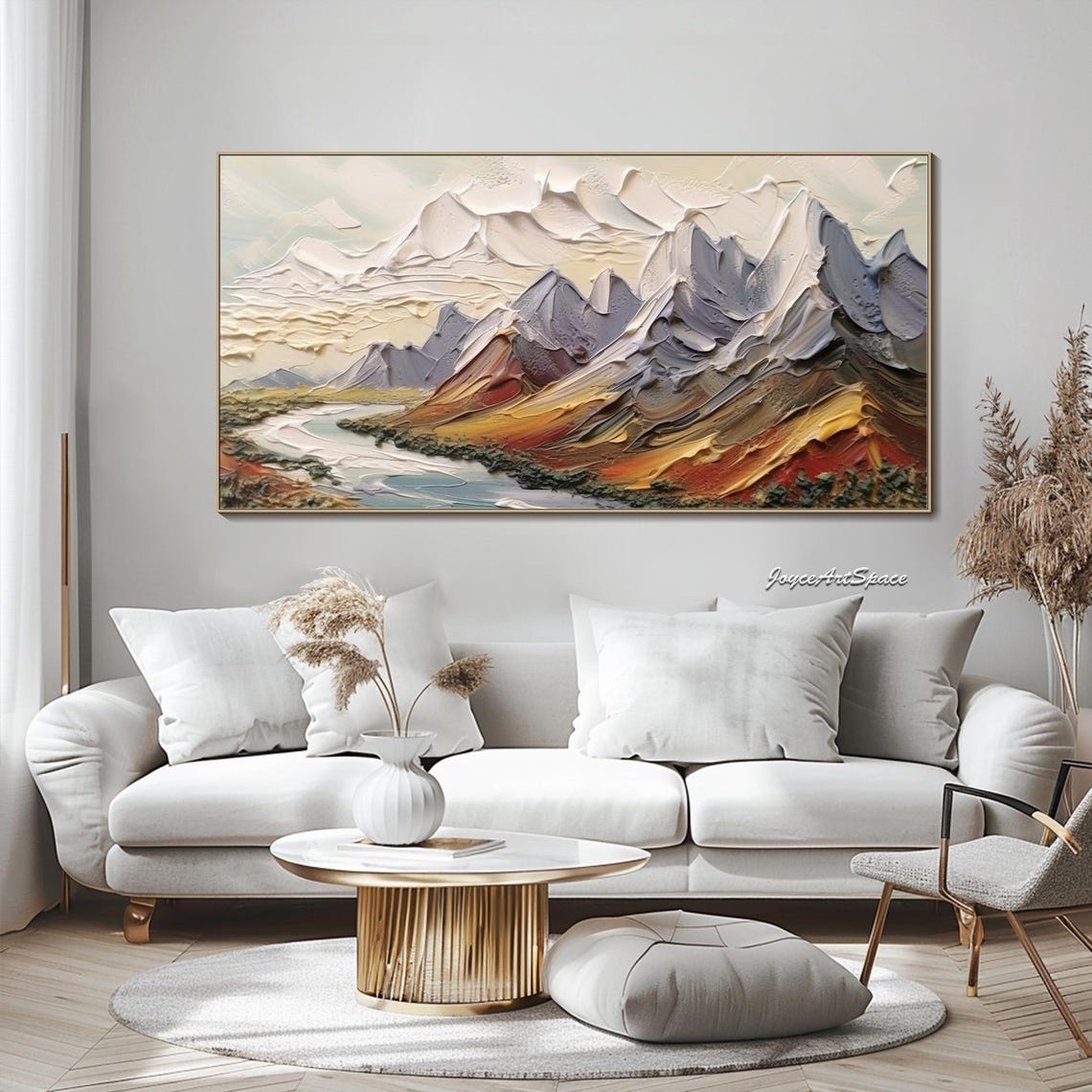 Abstract Mountain Range Rust Ochre Peaks River Palette Knife Wall Art - Image 4