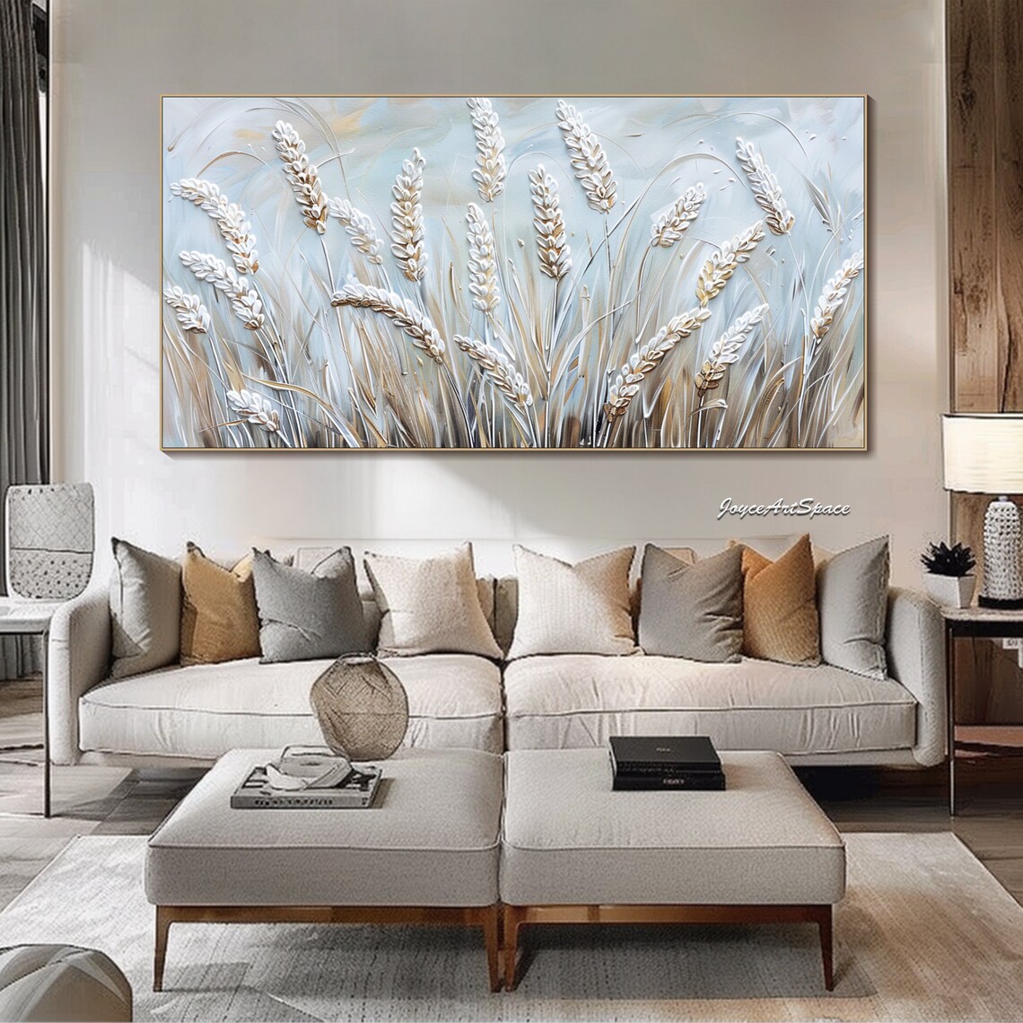 White Wheat Stalks Pale Blue Textured 3D Neutral Art Print Poster - Image 2