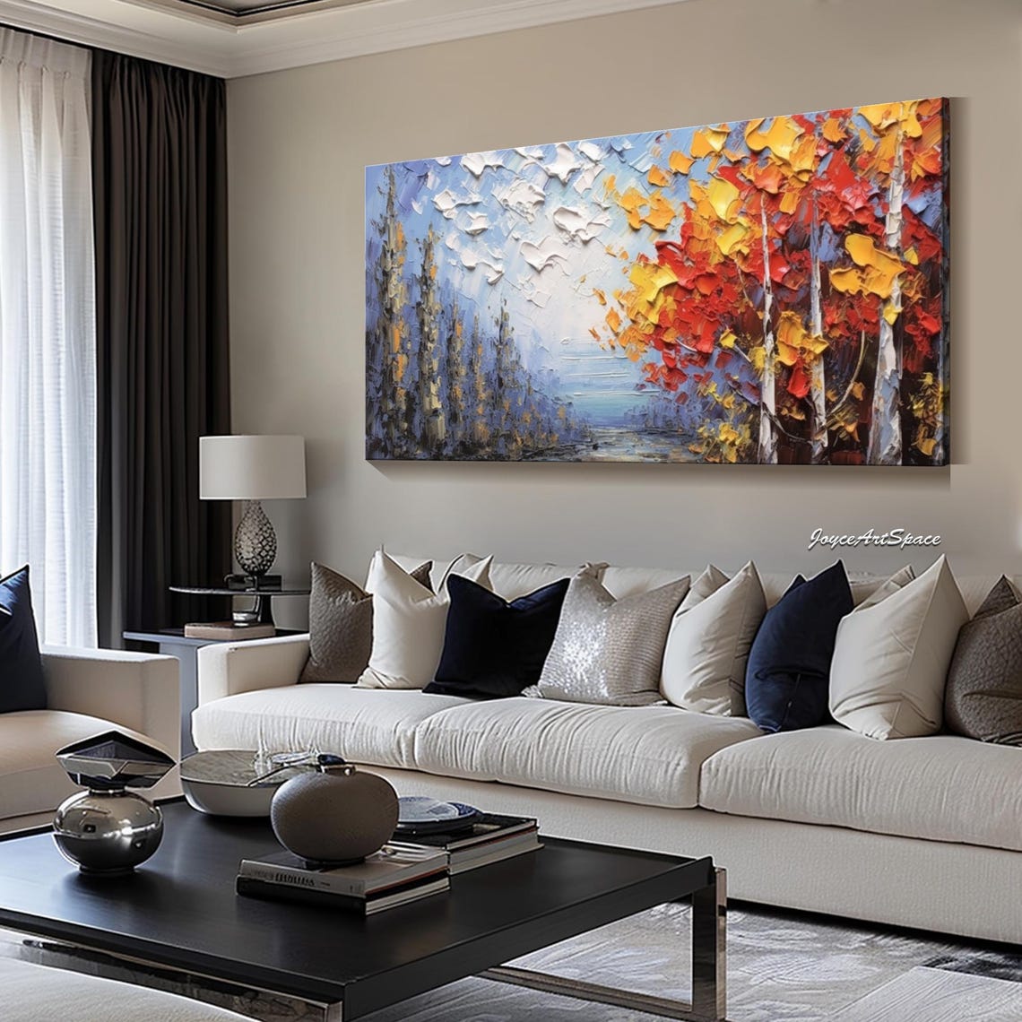 Autumn Trees Red Orange Foliage Misty Blue Forest Impasto Wall Art - Image 2