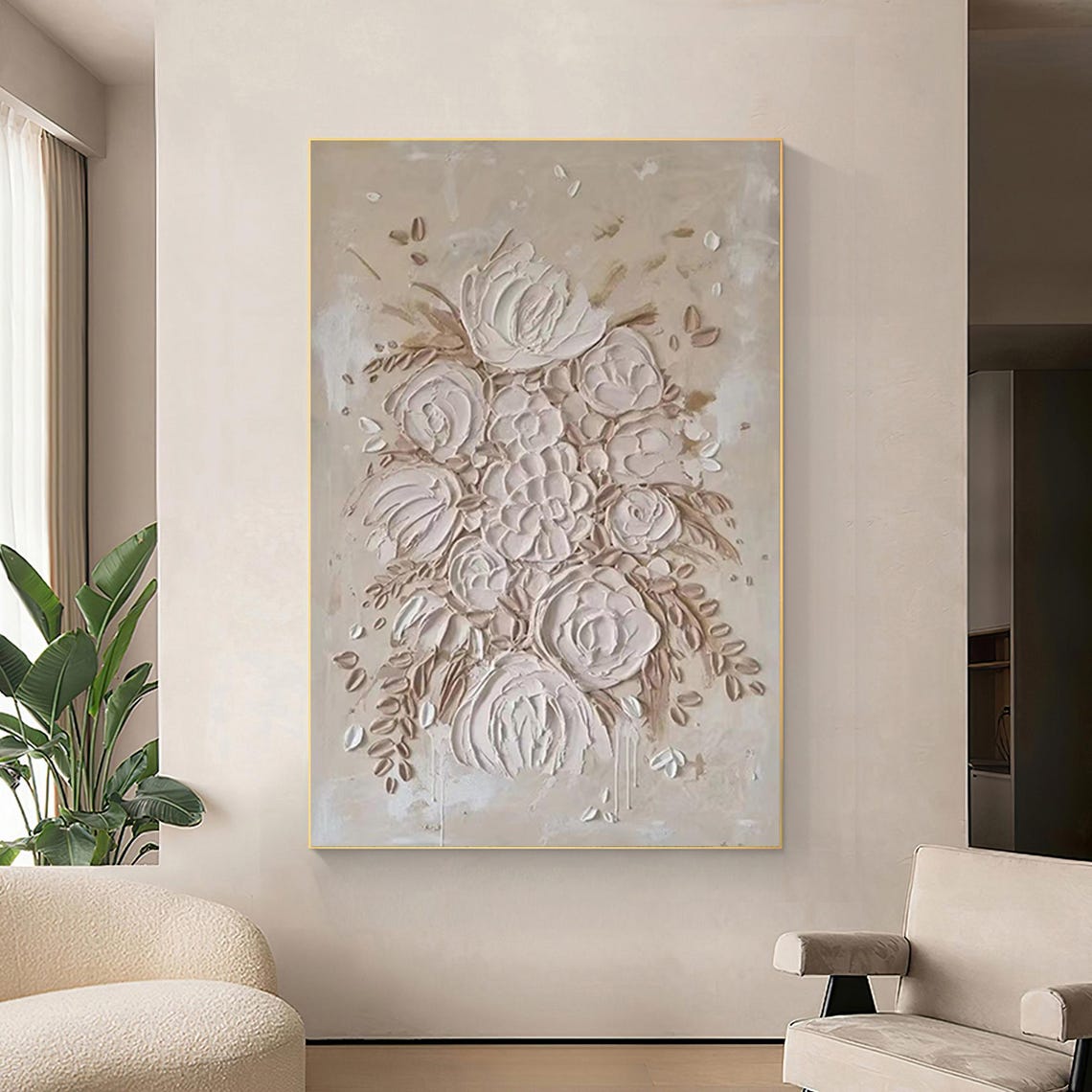 Beige 3D Textured Roses Bouquet Minimalist Floral Oil Painting Poster - Image 2