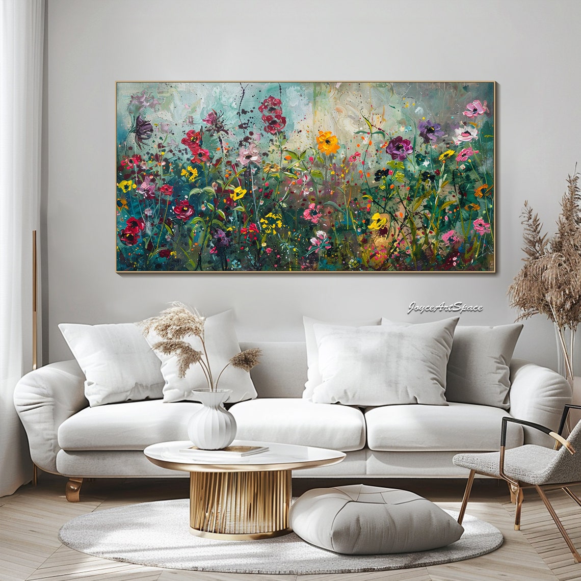 Wildflower Meadow Teal Background Colorful Blooms Impasto Wall Art - Image 3
