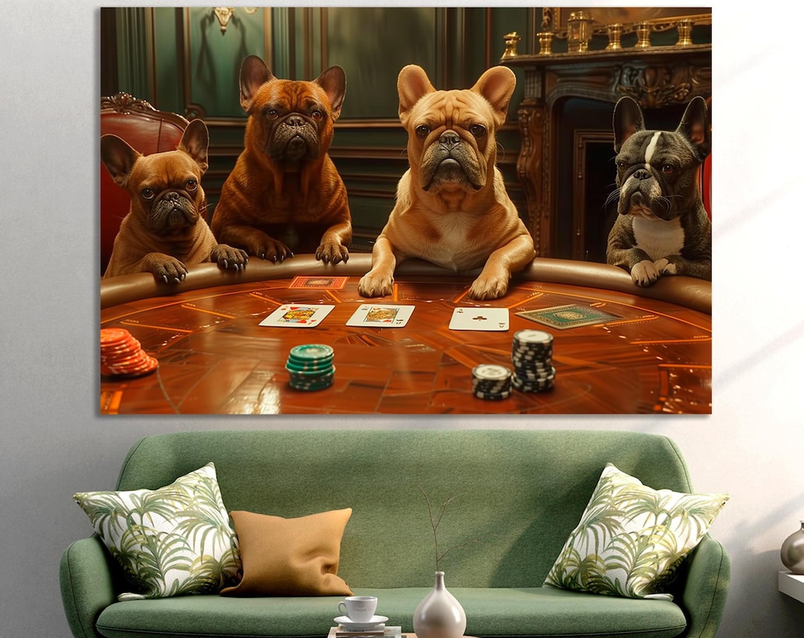 French Bulldogs Playing Poker Funny Dogs Game Room Wall Art Poster