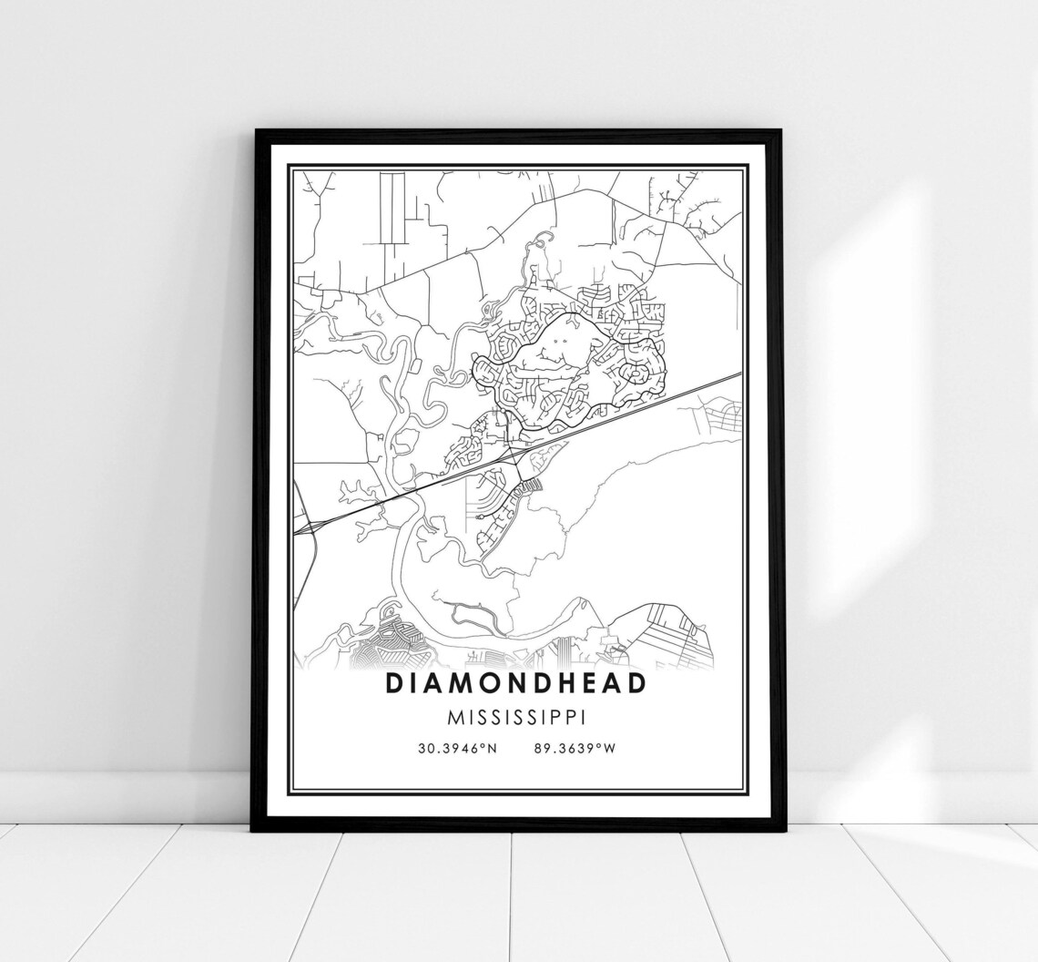 Diamondhead Mississippi Black and White Minimalist Line City Map Poster