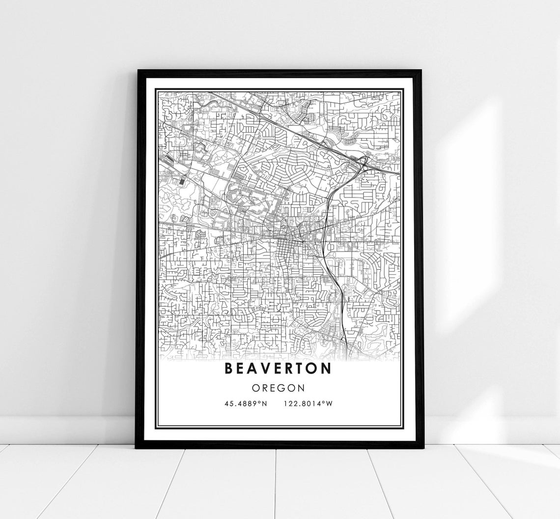 Beaverton Oregon Minimalist Black and White City Street Map Poster