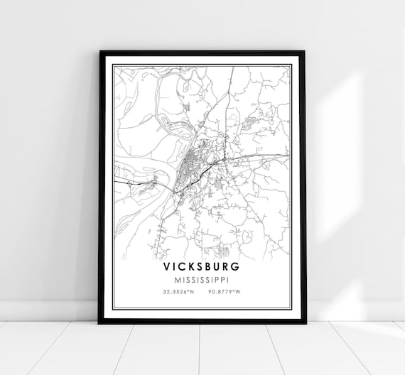 Vicksburg Mississippi Minimalist Black and White City Map Poster