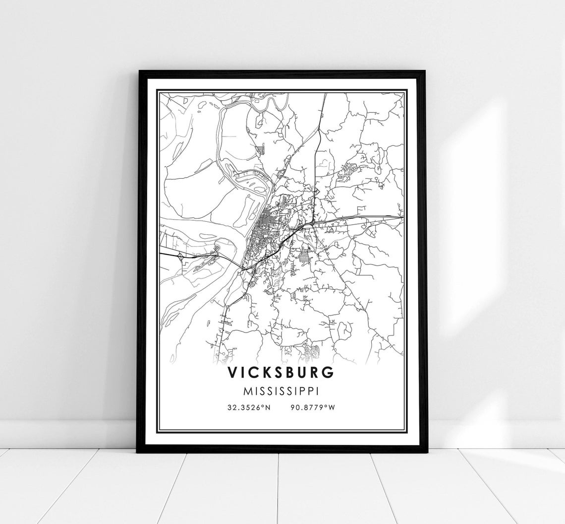 Vicksburg Mississippi Minimalist Black and White City Map Poster