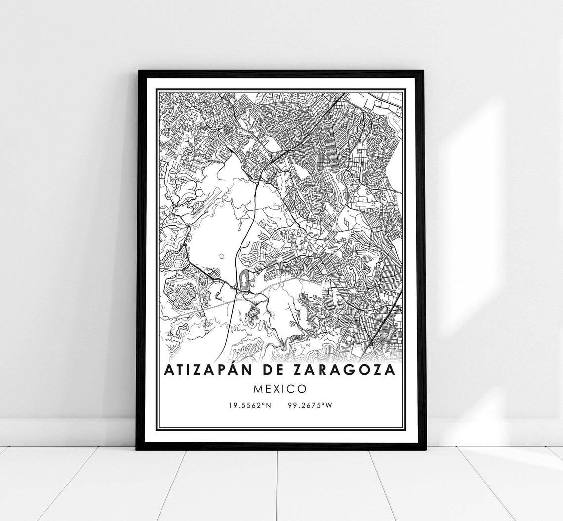 Atizapan de Zaragoza Mexico Black and White Street Map Print