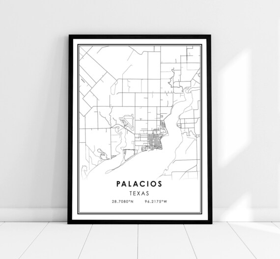 Palacios Texas City Street Map Coordinates Black and White Poster
