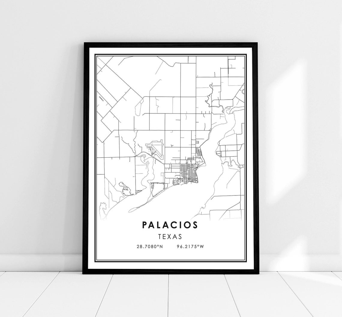 Palacios Texas City Street Map Coordinates Black and White Poster
