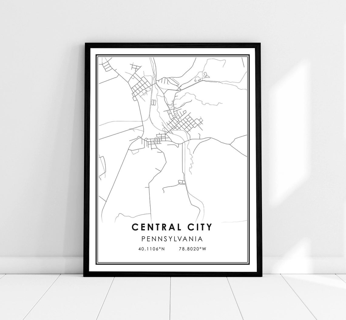 Central City Pennsylvania Minimalist Black White Street Map Poster