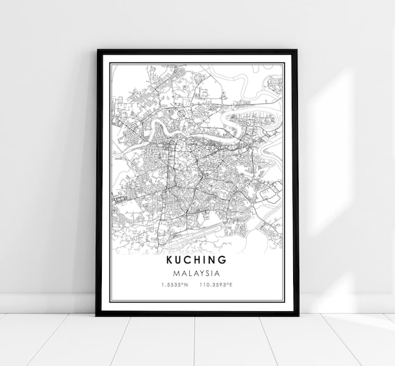 Kuching Malaysia Minimalist Black and White City Street Map Poster