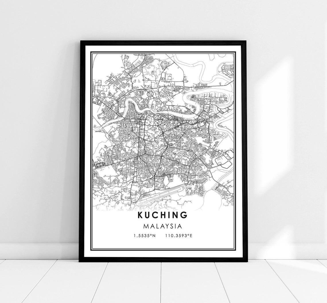 Kuching Malaysia Minimalist Black and White City Street Map Poster
