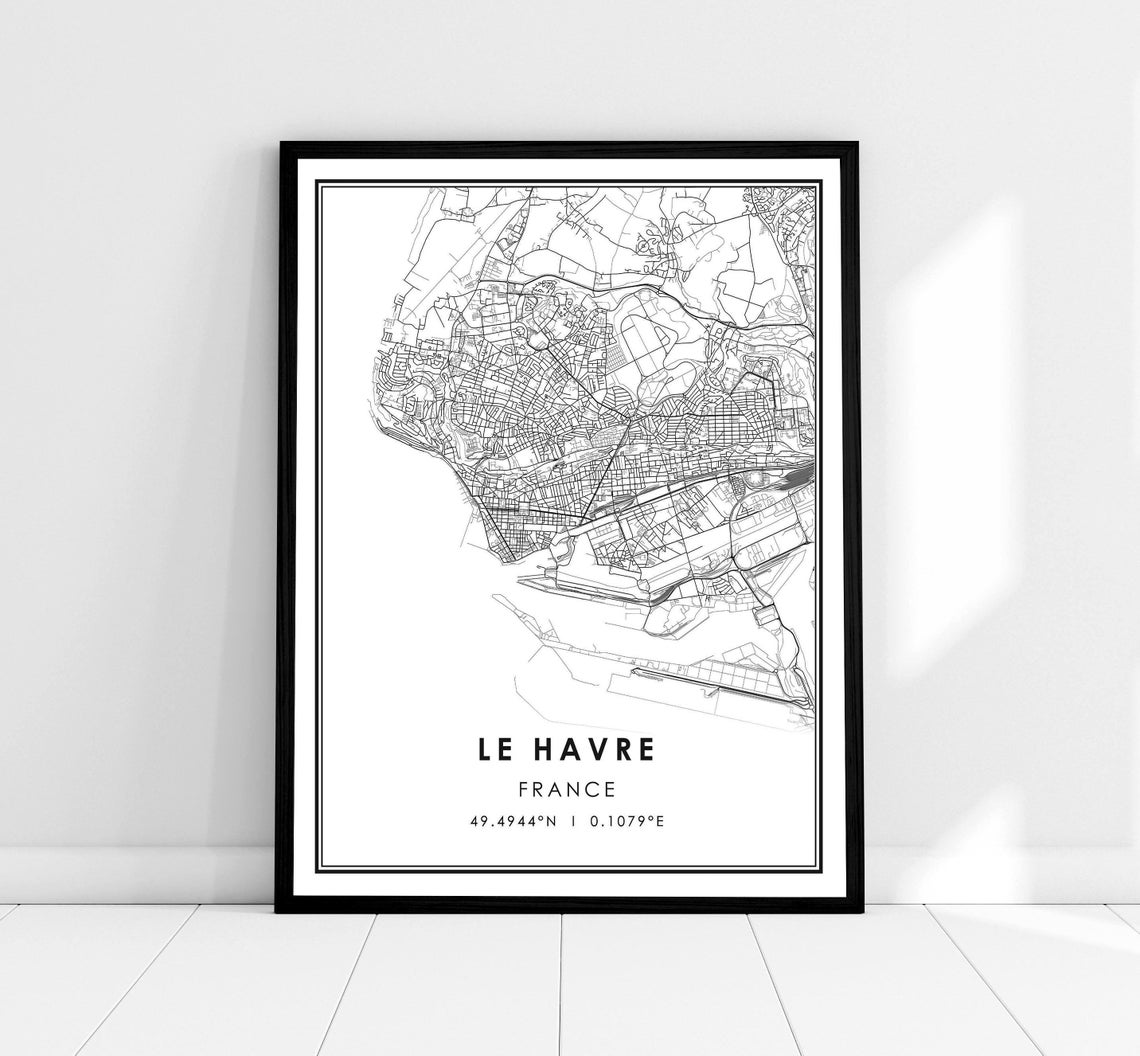 Le Havre France Black and White Minimalist City Street Map Art Poster