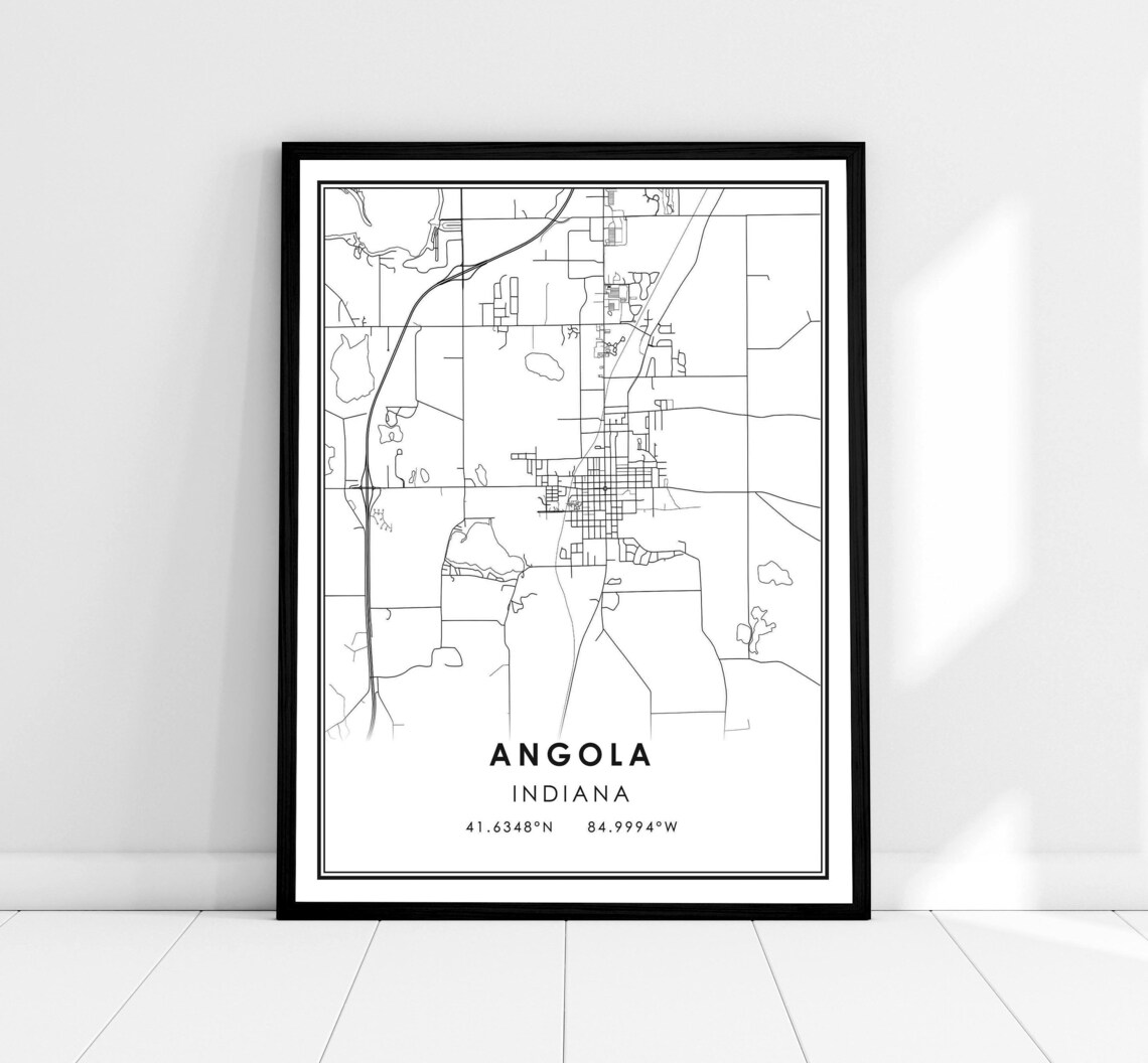 Angola Indiana Minimalist Black and White City Map Poster with Grid