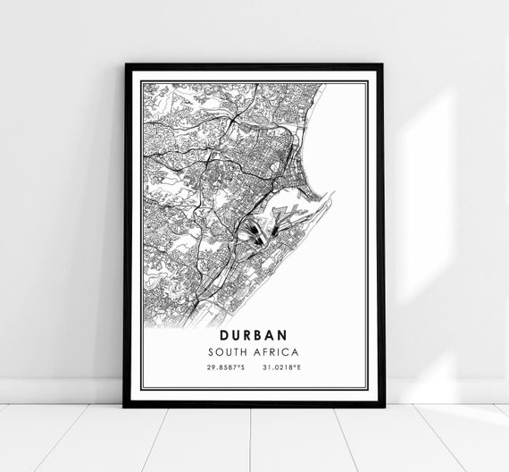 Durban South Africa Map Poster, Travel Map Print