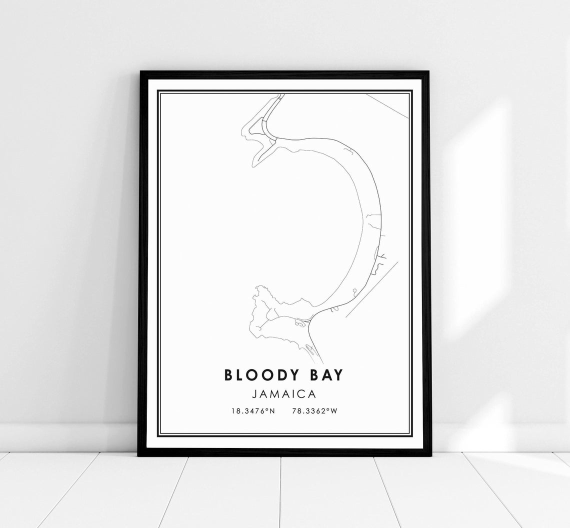 Bloody Bay Jamaica Minimalist Coastline Map Coordinates Art Poster