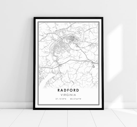 Radford Virginia Minimalist Black White Street Map Vintage Poster