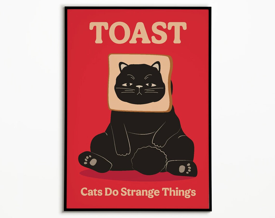 Funny Cat With Toast, Retro Dorm Room Art Print