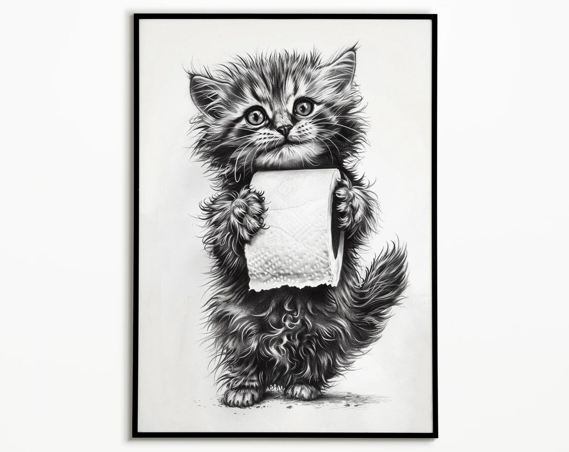 Funny Kitten Holding Toilet Paper Sketch Poster Black and White Bathroom Art