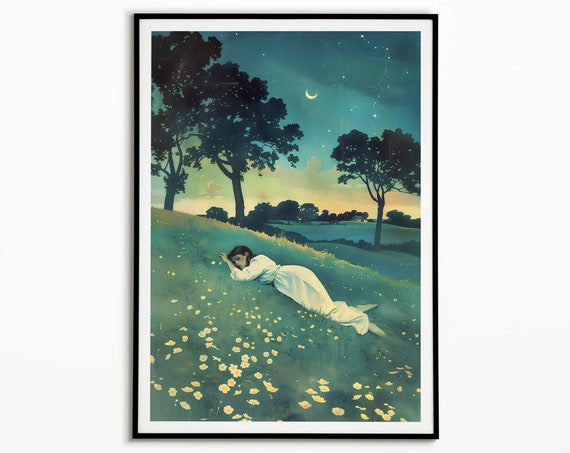 Dreaming Under The Stars Vintage Girl Print Nature Lovers Bedroom Wall Art Woman Nature Mountain Landscape Painting
