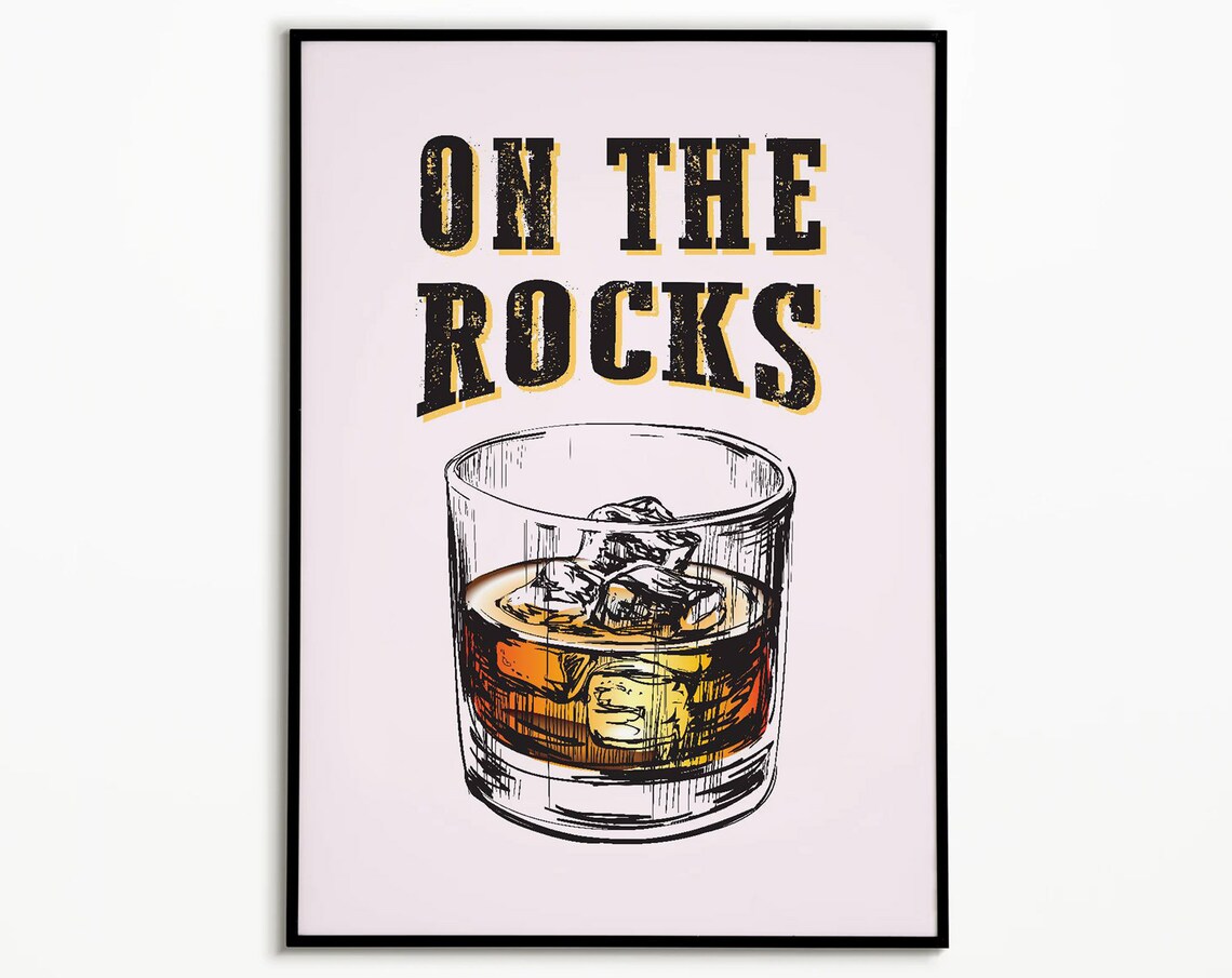 On The Rocks Whiskey Poster Vintage Style Cocktail Glass Bar Wall Decor Art