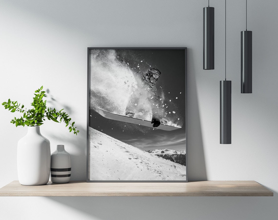 Black and White Snowboarder Jump Powder Mountain Action Poster