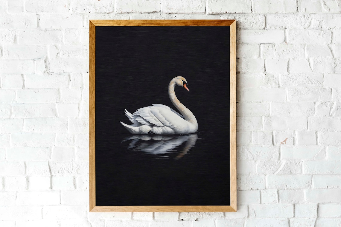 White Swan Black Water Reflection Elegant Bird Painting Poster