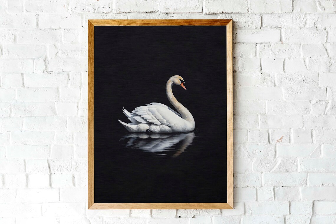 White Swan Dark Water Mirror Reflection Serene Bird Art Poster - Image 3