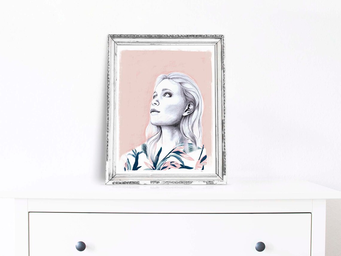 Sketch Portrait Blonde Woman Looking Up Pink Mixed Media Art Print - Image 2