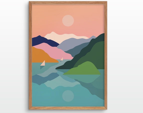 Sailing Away Mountains And Ocean Illustration Art Print