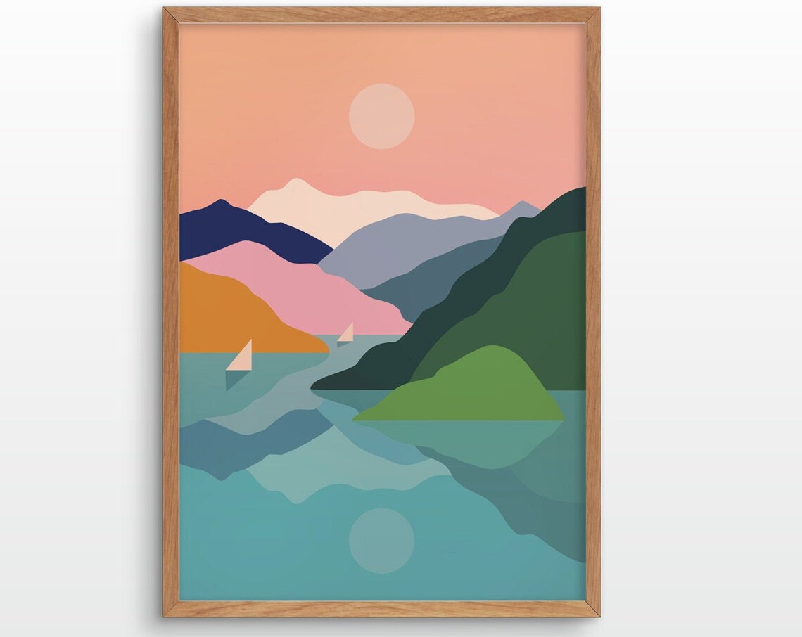 Sailing Away Mountains And Ocean Illustration Art Print