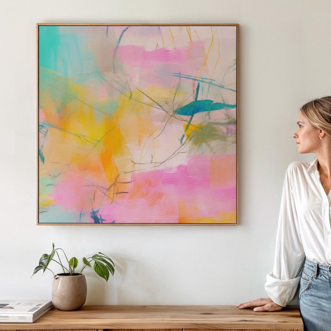 Bright Pink Orange Yellow Bold Large Abstract Modern Canvas Wall Art