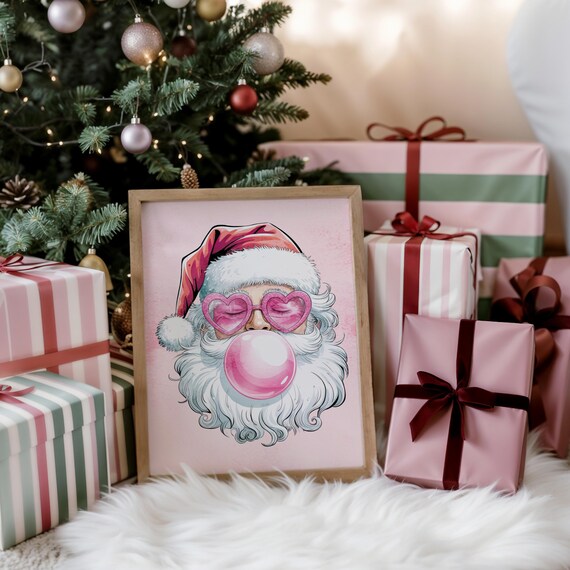 Retro Santa Claus Blowing Pink Bubble Gum Pastel Christmas Poster