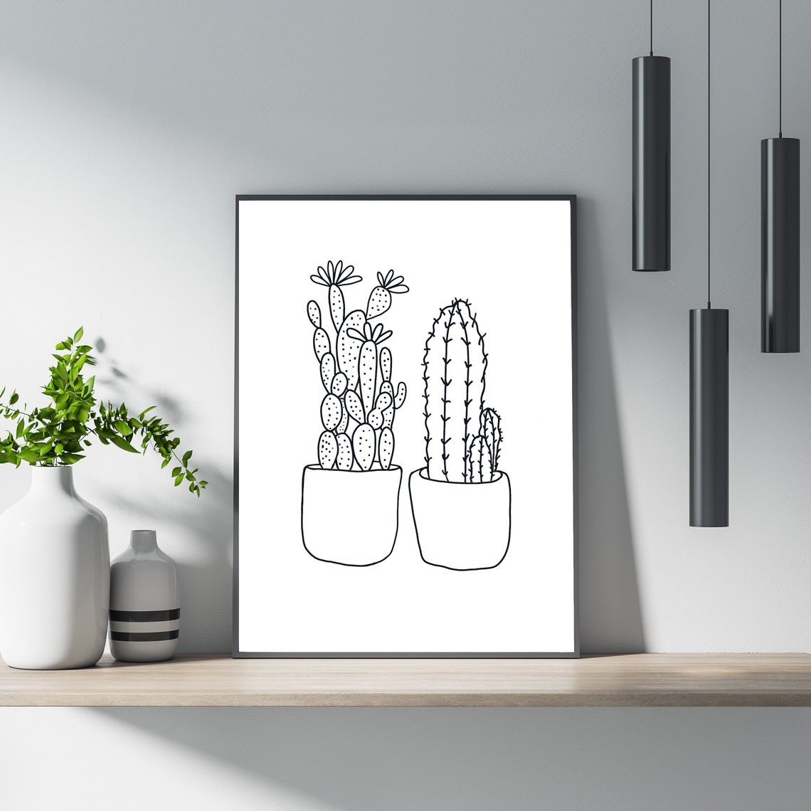 Two Potted Cacti Minimal Black Line Drawing Botanical Poster