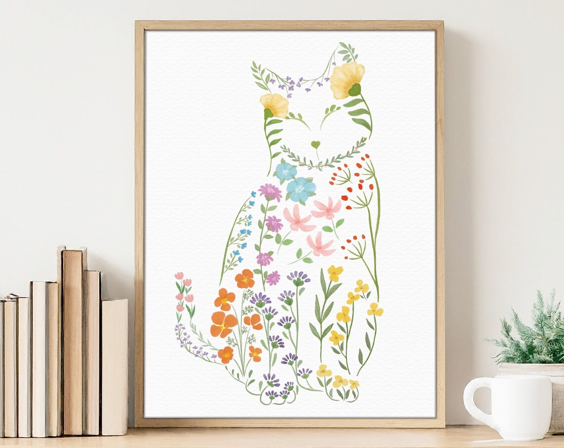 Wildflowers Cat Cute Floral Poster, Nursery Decor