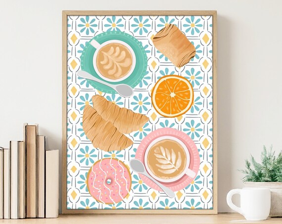 Coffee Breakfast Flat Lay Croissant Donut Latte Art Kitchen Poster