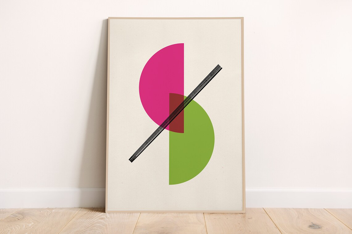 Two Semicircles Magenta Green Abstract Art Print Poster Wall Decor Minimalist Colorful Geometric