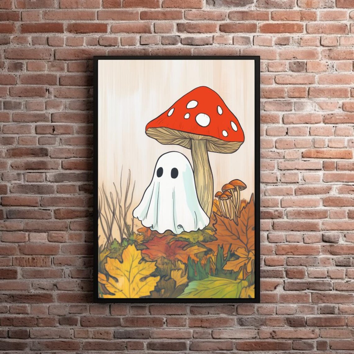 Cute Fall Ghost Sitting Beside Red Mushroom in Autumn Leaves Poster - Image 3