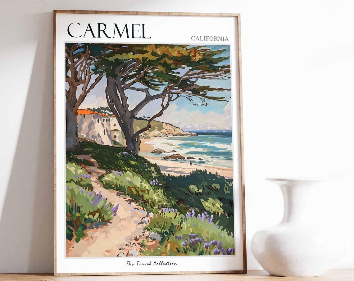 Carmel California Coastal Path Cypress Trees Painted Travel Poster