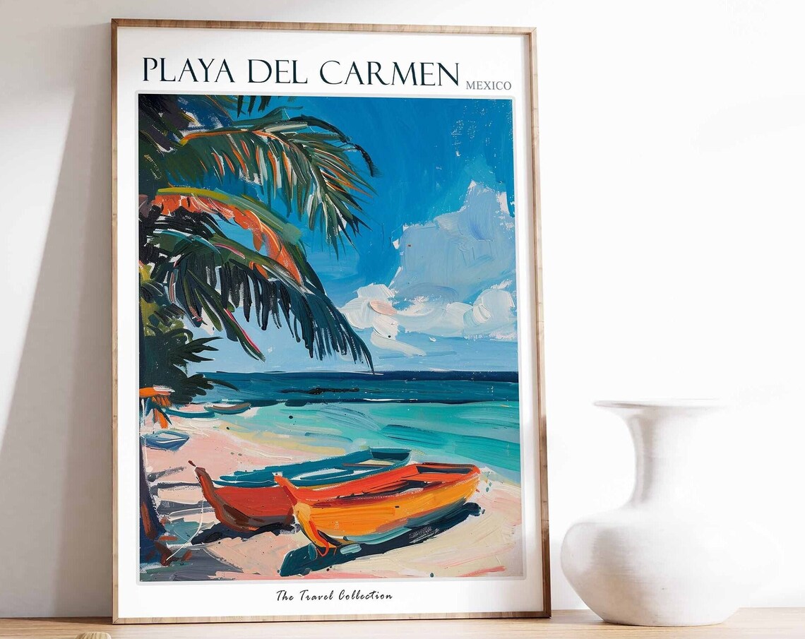 Playa del Carmen Mexico Beach Boats Palm Trees Painting Poster
