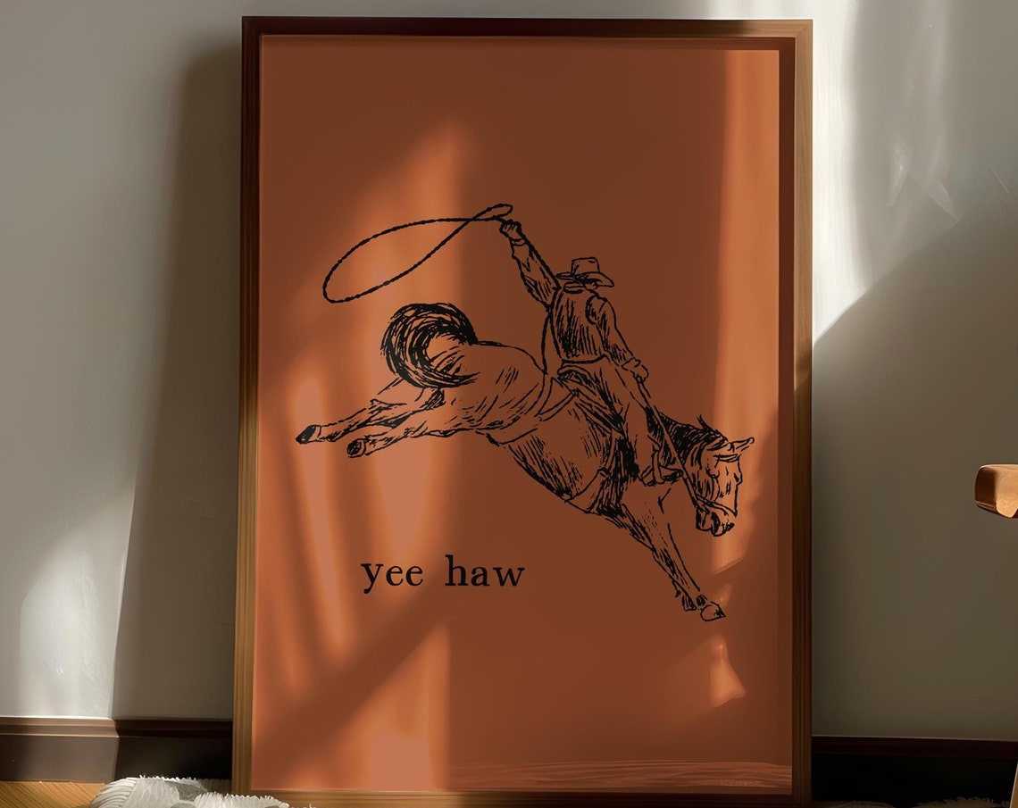 Yee Haw Cowboy Riding Bucking Bronco Retro Western Line Art Poster - Image 2
