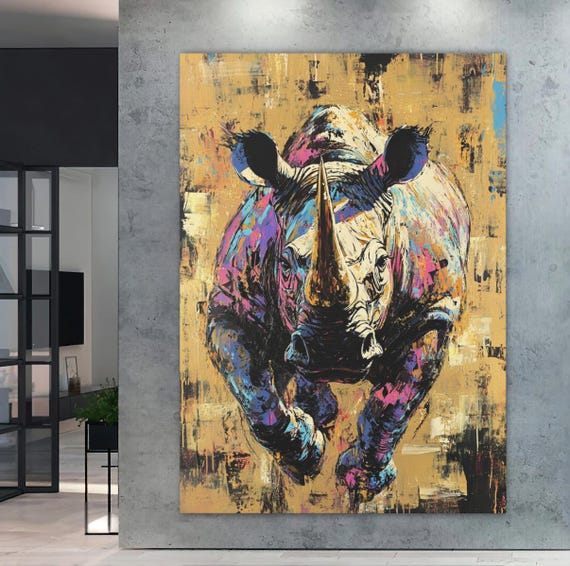 Rhino Wall Art Canvas Bold Jungle Animal Painting Gold Luxury Safari Decor For Office Or Living Room Charging Print Gift Men